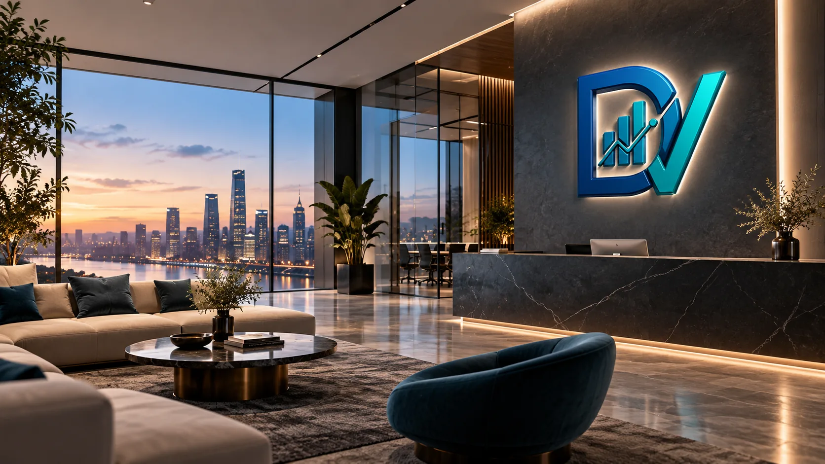 DataVero branded premium digital studio overlooking a city skyline