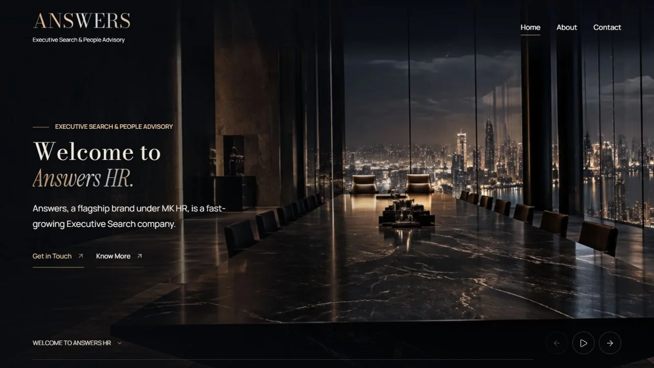 Actual Answers HR welcome scene, captured from the live website